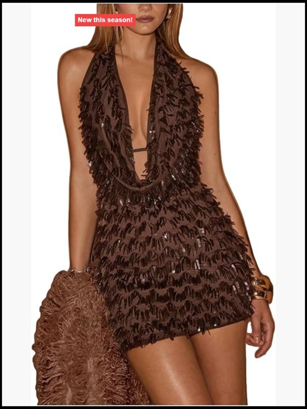 Sequin Halter Dress - Low Cut Open Back Draped Fringe Party Dress